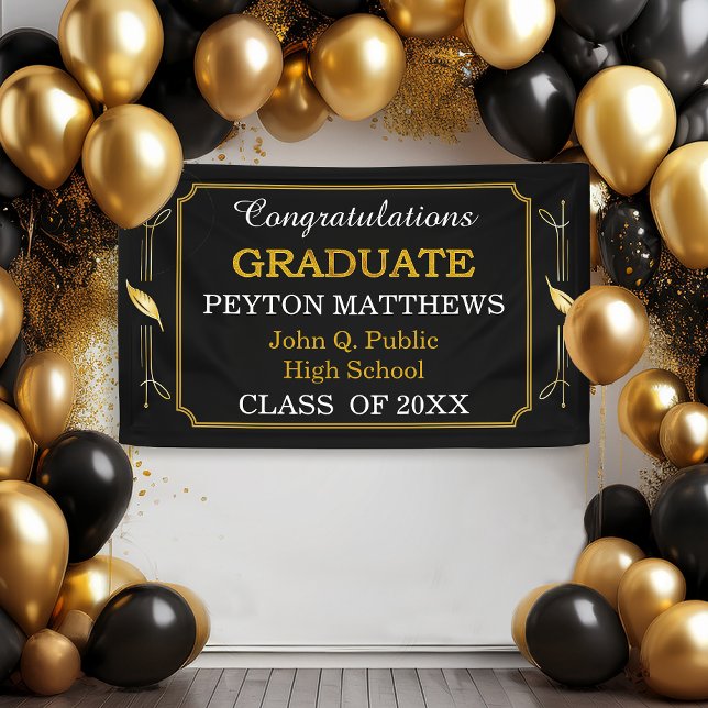 Lona Graduado 20XX de Gold Leaf Felicitaciones (Black and Gold Tone Leaves "Graduate" Graduation Party Banner)
