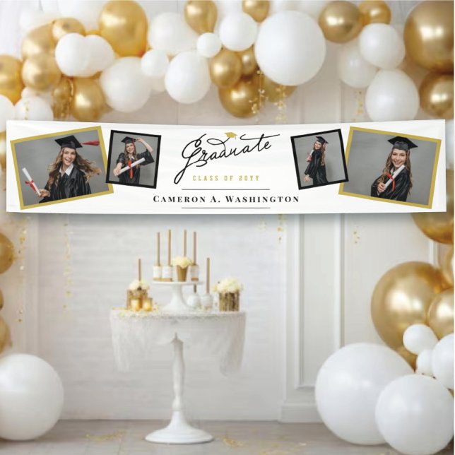 Lona Graduado de guión elegante 4 Fiesta de graduación  (Stylish Handwriting Script Graduate Photo Graduation Party Banner @ www.zazzle.com/color_therapy)