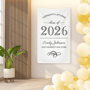 Lona Graduado Elegante de Negro y Blanco Clase de 2026