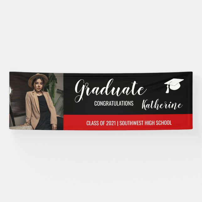 Lona Graduate Photo Congratulations Black Red Banner (Horizontal)