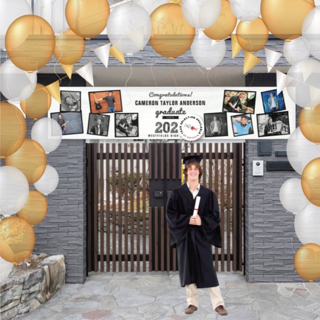 Lona Graduate Sketch 2025 Collage de fotos 10 Fiesta (20YY White & Black Sketch, Modern 10 Photo Graduation Party Banner @ www.zazzle.com/color_therapy)