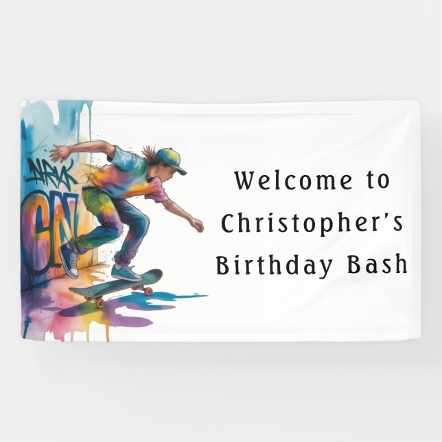 Lona Graffiti Skateboarder Birthday Bash Welcome Sign (Horizontal)