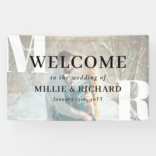 Lona Grandes Iniciales Blancas Foto Bienvenida Boda Mod (Horizontal)