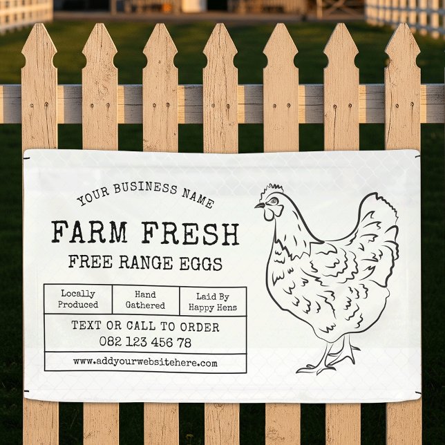 Lona Granja de Hen Rústica Fresh Eggs Marketing (Fresh farm eggs marketing outdoor banner in black and white with rustic fonts & chicken illustration)