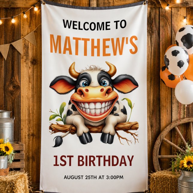 Lona Granja de Vaca Loca y Divertida Tema Cumpleaños 1  (Cute Crazy Cow Farm Theme 1st Birthday banner)