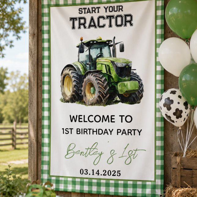 Lona Granja divertida de cumpleaños del tractor número  (Tractor 1st Birthday Party Fun Farm Banner)