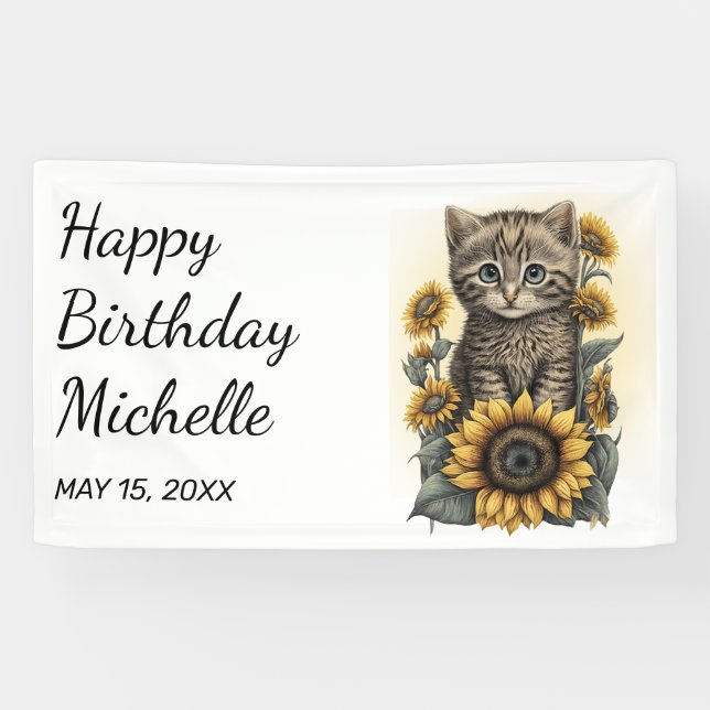 Lona Gray Tabby Kitten Cat Sunflowers Feliz cumpleaños (Horizontal)