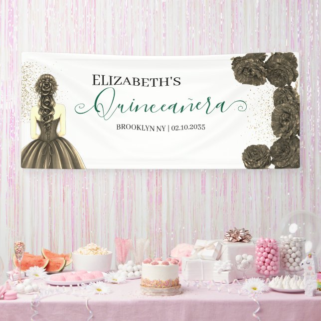 Lona Green & Black Quinceañera Custom Welcome Banner (Fiesta)