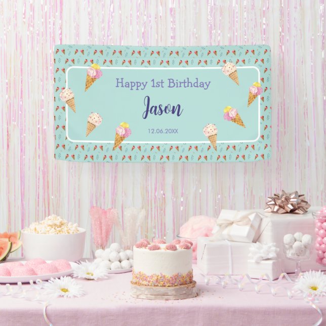 Lona Green Cute Ice Cream Cone Kids Boy Cumpleaños (Fiesta)