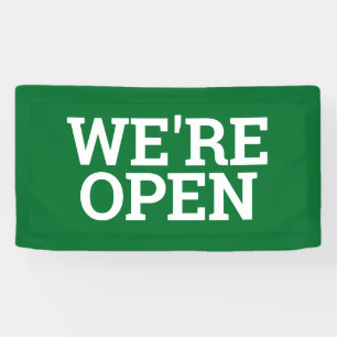 Lona Green, estamos abiertos el cartel comercial de pla