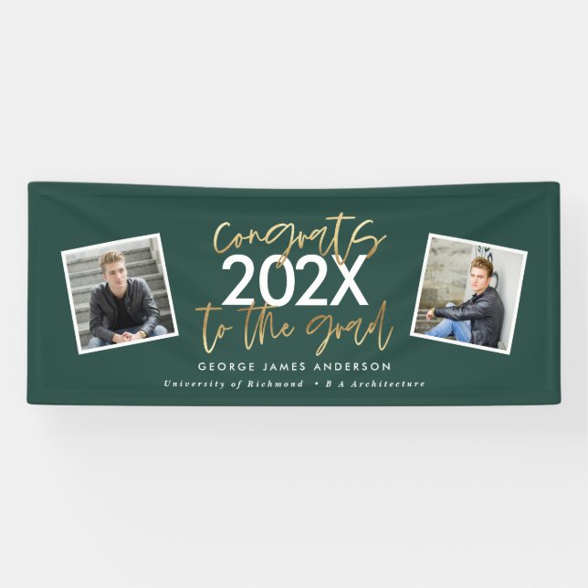 Lona green gold modern script multi photo graduation (Horizontal)
