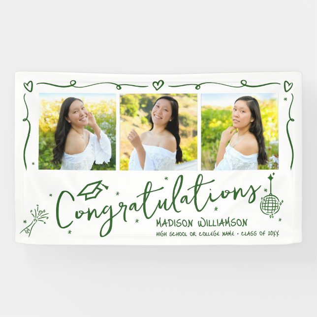 Lona Green Hand Drawn Doodles Graduation 3 Photo White (Horizontal)