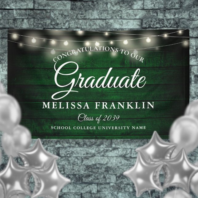 Lona Green Rustic Wood String Lights Graduation (Green Rustic Wood String Lights Graduation Banner)