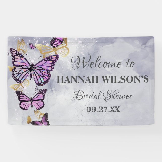 Lona Grey Gold Purple Butterfly  Elegante ducha de novi (Horizontal)