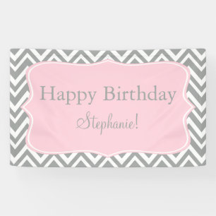 Lona Gris, Blanco y Pastel Pink Chevron Cumpleaños