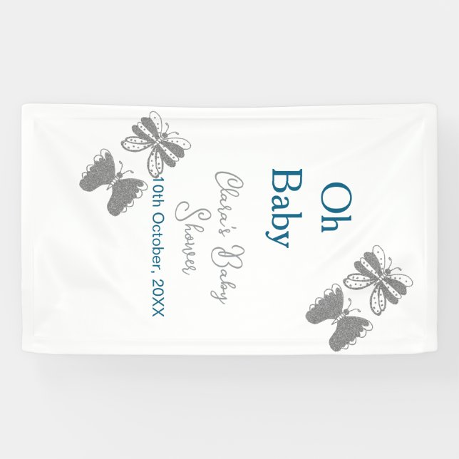 Lona Gris mariposa azul bebé ducha oh bebé ext moderno (Horizontal)