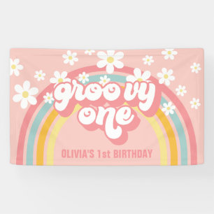 Lona Groovy arcoiris retro primer cumpleaños