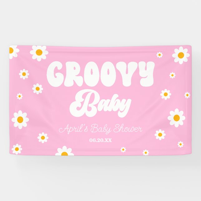 Lona Groovy Baby Daisy Flower Floral Rosa Baby Shower (Horizontal)