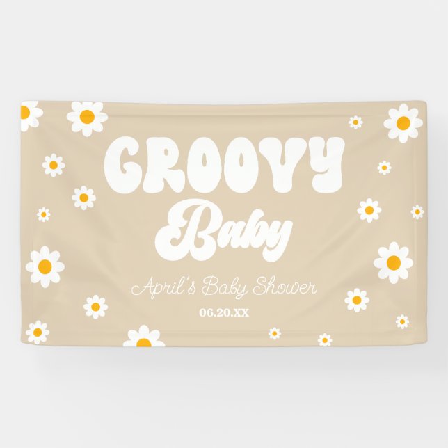 Lona Groovy Baby Daisy Flower Floral Tan Baby Shower (Horizontal)