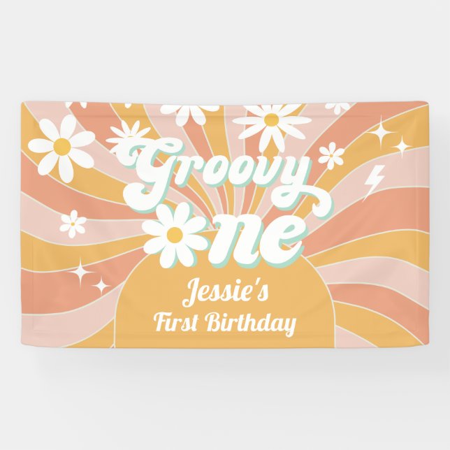 Lona Groovy One Boho Retro Daisy Sunshine primer cumple (Horizontal)