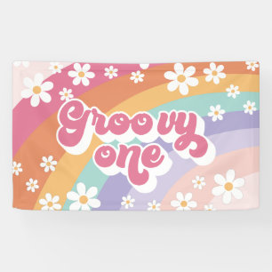 Lona Groovy One Retro Arcoíris 1er Cumpleaños