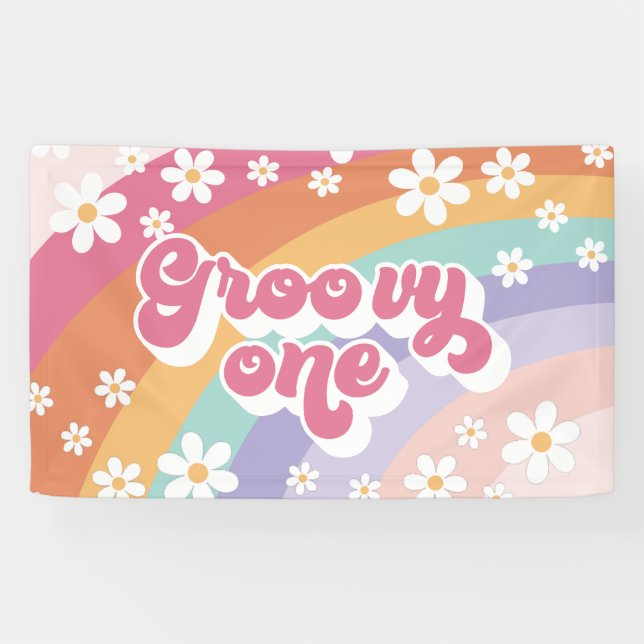 Lona Groovy One Retro Arcoíris 1er Cumpleaños (Horizontal)