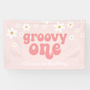 Lona Groovy One Retro Daisy Rosa Cumpleaños 1st Banner
