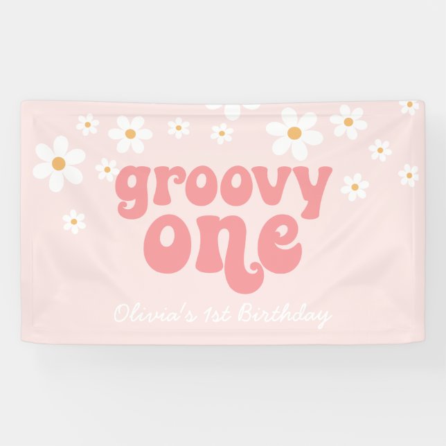 Lona Groovy One Retro Daisy Rosa Cumpleaños 1st Banner (Horizontal)