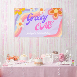 Lona Groovy One Retro Rainbow Primer cumpleaños