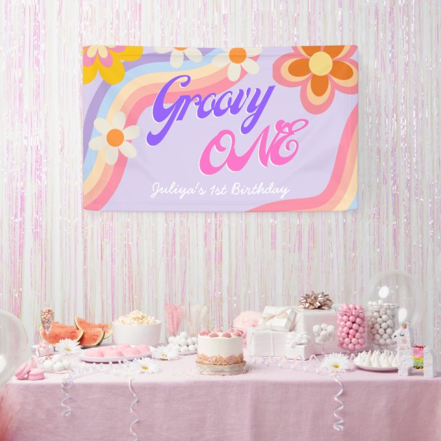 Lona Groovy One Retro Rainbow Primer cumpleaños (Fiesta)