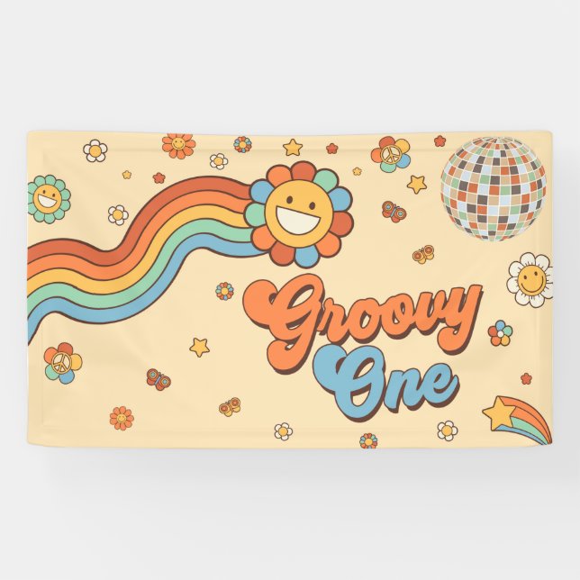 Lona Groovy One Retro Rainbow Primer Fiesta de cumpleañ (Horizontal)