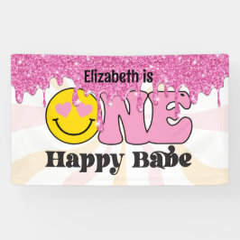 Lona Groovy Peach Pink One Happy Babe Birday Banner