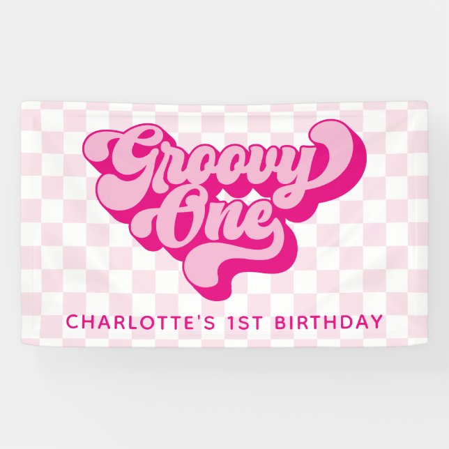 Lona Groovy retro Un cheque rosa y blanco (Horizontal)