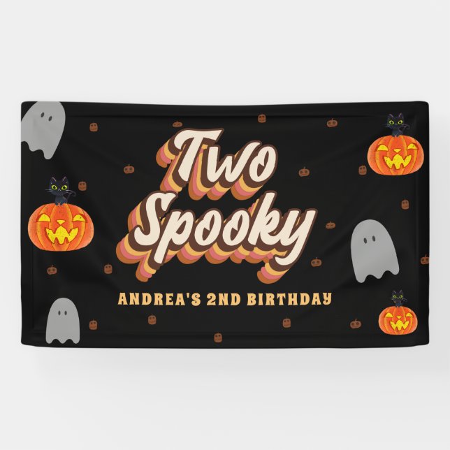 Lona Groovy Two Spooky cumpleaños 2 Halloween Retro 70s (Horizontal)