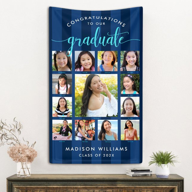 Lona Guión de Collage de fotos K-12 de graduación azul  (Subido por el creador)