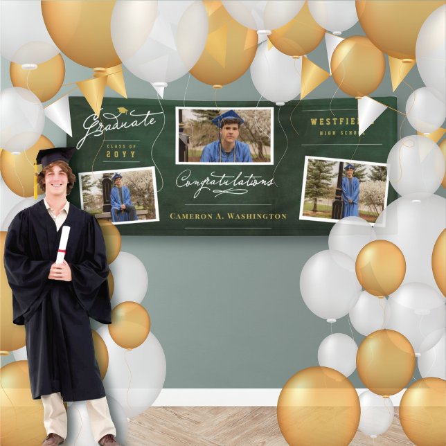 Lona Guión de graduado de Chalkboard 3 Fiesta de foto g (Green Chalkboard Graduate Script 3 Photo Graduation Party Banner @ www.zazzle.com/color_therapy)
