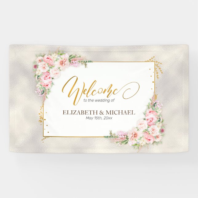 Lona Guión dorado floral rosado Peony y Boda de cuadros (Horizontal)