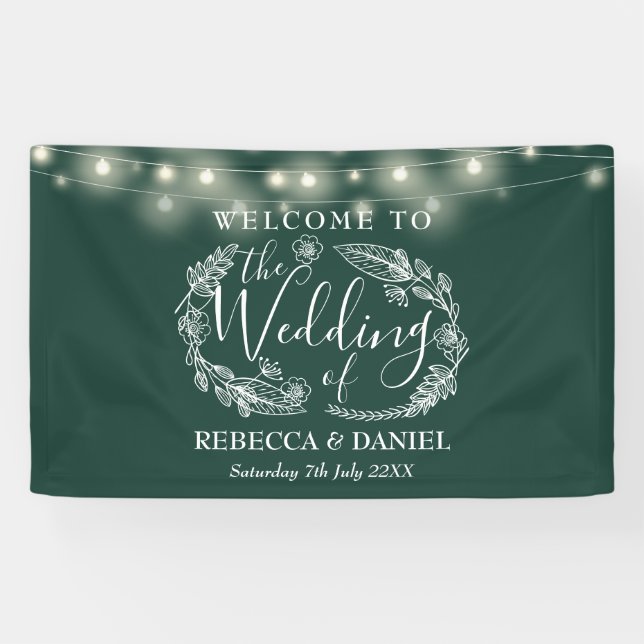 Lona Guirnalda floral verde esmeralda con letra script  (Horizontal)
