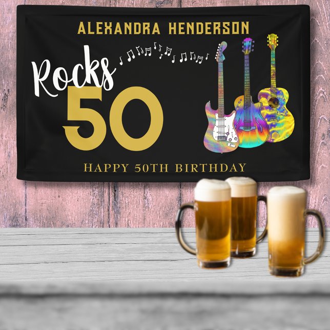 Lona Guitar 50 Fiesta de cumpleaños número 50 (rocks 50 guitar black and gold custom 50th birthday party banner)