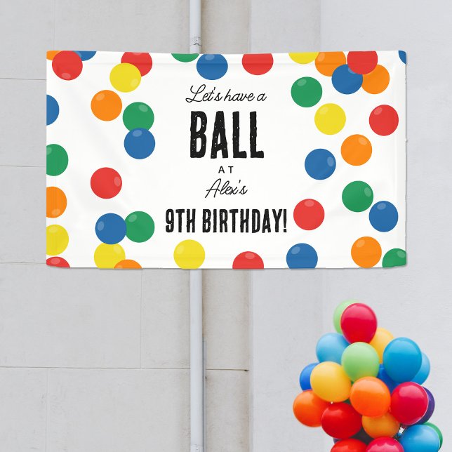 Lona Hagamos una fiesta de cumpleaños de bola colorida (Let's Have a Ball Colorful Ball Birthday Party Banner)