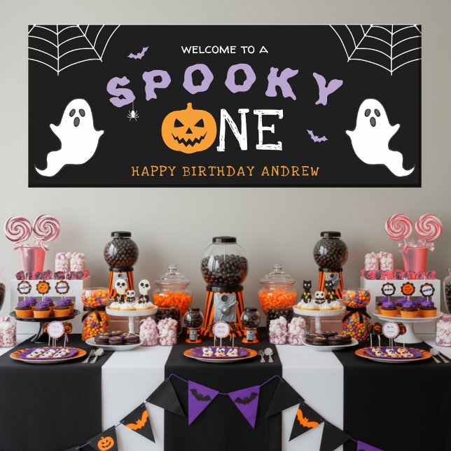 Lona Halloween 1er cumpleaños Spooky Un fantasma gótico (Halloween 1st Birthday Spooky One Ghost Gothic Party Banner
)