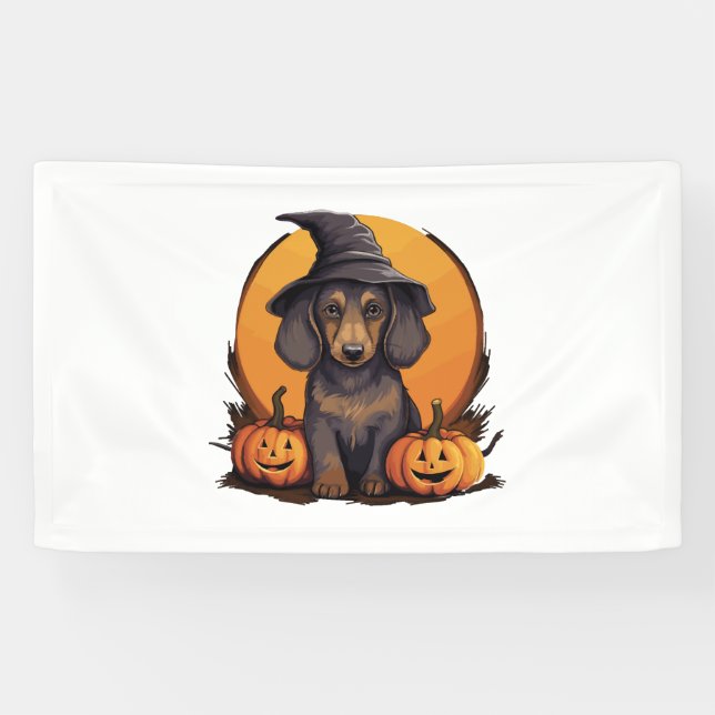 Lona Halloween Gorra de brujas Calabaza perro Dachshund (Horizontal)
