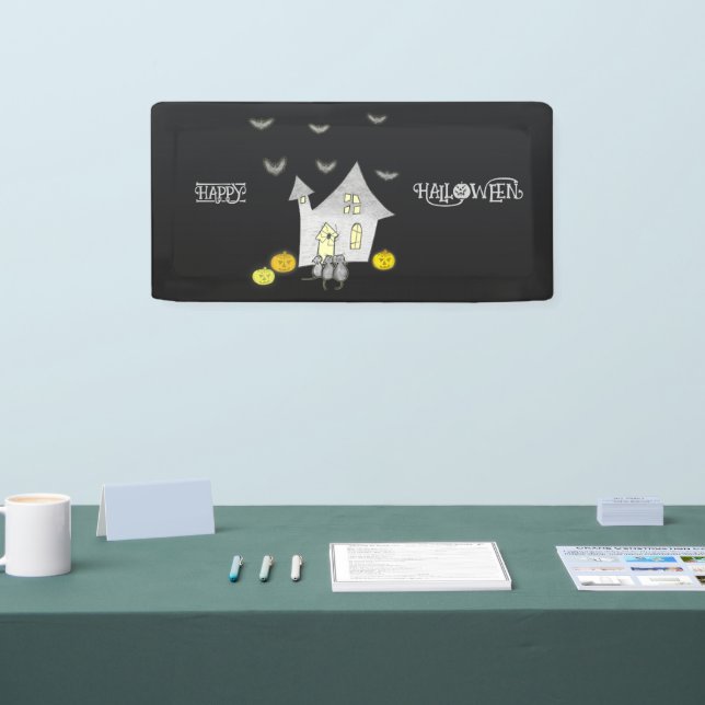 Lona Halloween House, gatos negros, murciélagos, calaba (Feria)