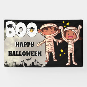 Lona Halloween momia niños cementerio boo luna llena