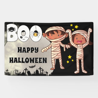 Lona Halloween momia niños cementerio boo luna llena
