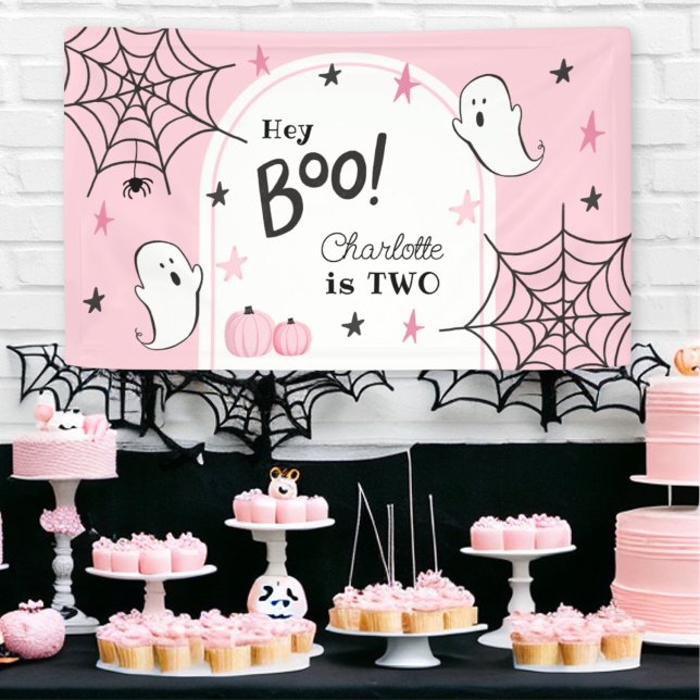 Lona Halloween rosa Cumpleaños Cute Fantasma Hey Boo (Subido por el creador)