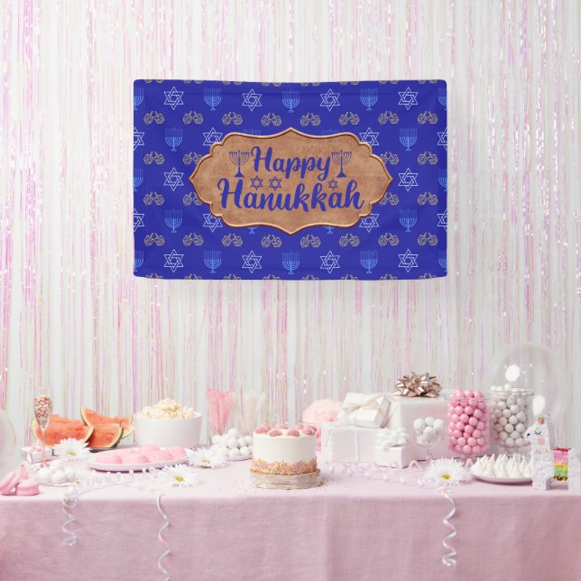 Lona Hanukkah Gold Dreidel Star de David Menorah Blue (Fiesta)