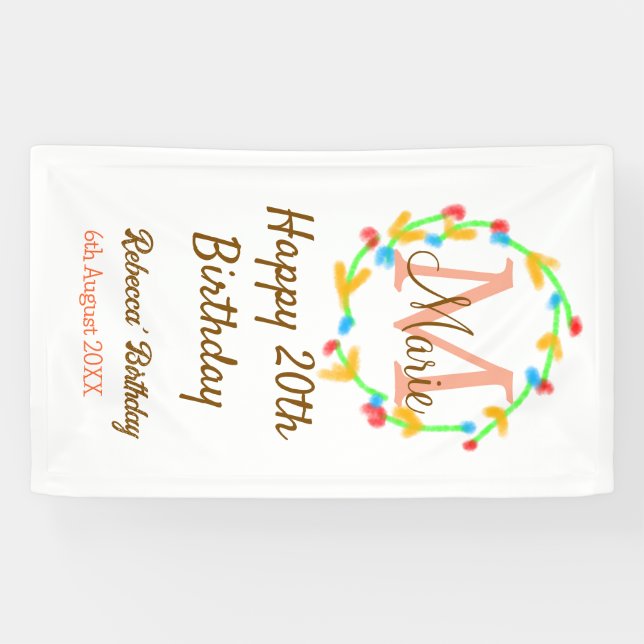 Lona Happy 20th Birthday red add name monogram wreath (Horizontal)