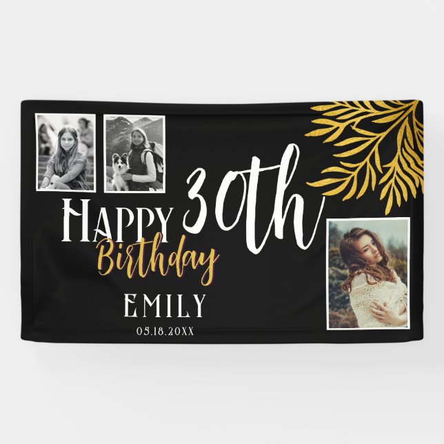 Lona Happy 30th Birthday Gold Foliage 3 Photo Backdrop (Horizontal)