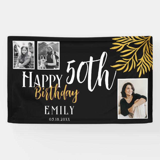 Lona Happy 50th Birthday Gold Foliage 3 Photo Backdrop (Horizontal)